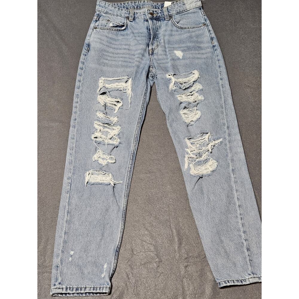 & Denim Jeans Women 2 Blue Denim Boyfriend Low Waist Distressed Button Fly